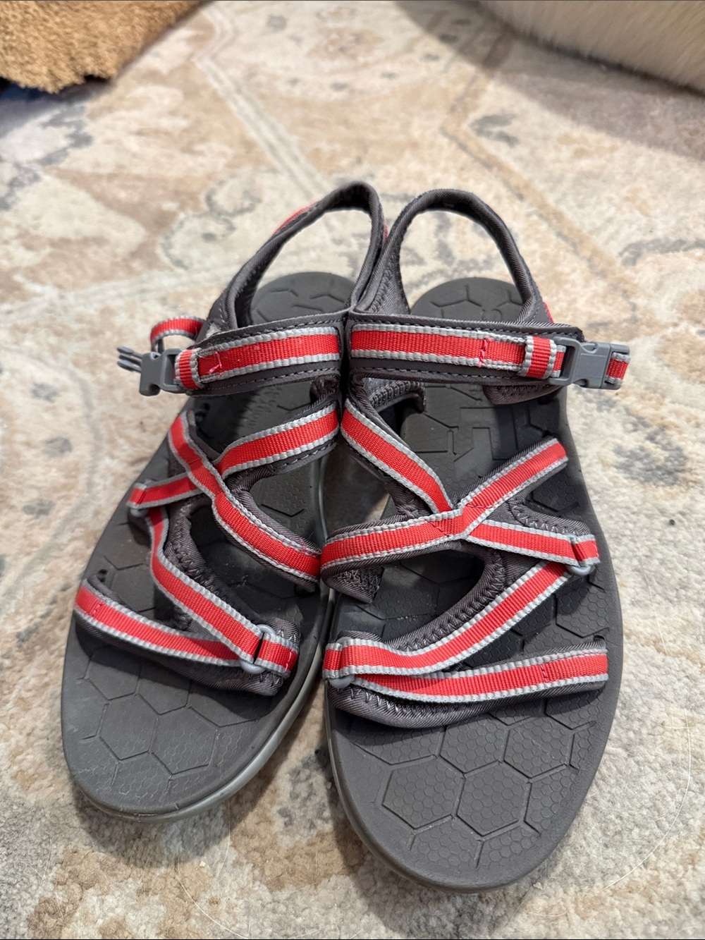Women’s 7 Simms Grey Sandals with Red Trim - Comfortable Adjustable Straps